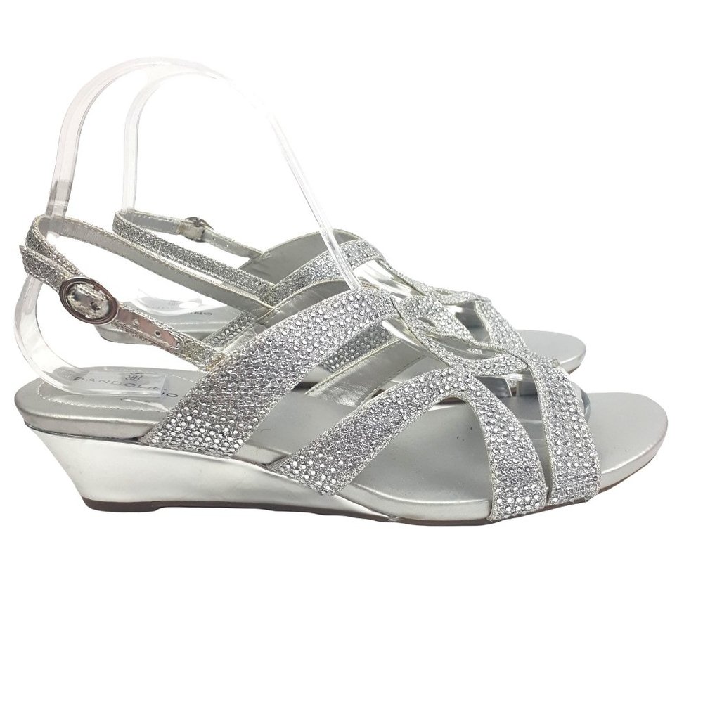 NEW Bandolino BDGOMEISA Silver Rhinestone Strappy Low Wedge Heel Shoes Size 7.5